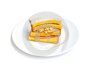 Sandwiches with Bologna and dried shredded pork on white background