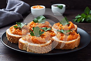 Sandwiches with bread zucchini caviar tomatoes onions. Homemade vegetarian food. Canned stewed vegetable. wooden background close