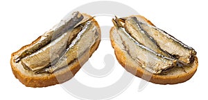 Sandwiches with canned sprats isolated on white