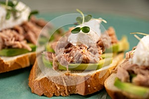 sandwiches with canned tuna and avocado on blue plate. Top view. Food recipe background