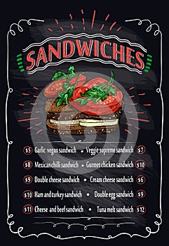 Sandwiches chalkboard menu, graphic sketch