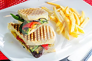 Sandwiches with French fried potatoes on white plate