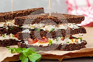 Sandwiches with healthy rye bread, feta and green onions