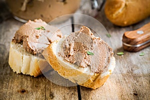 Sandwiches with homemade chicken liver pate for breakfast