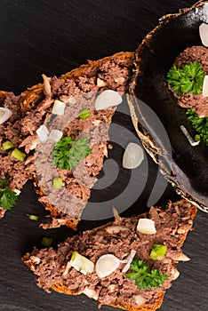 Sandwiches with homemade chicken liver pate for breakfast photo