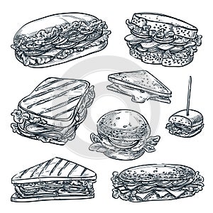 Sandwiches isolated set. Fast food snacks vector sketch illustration. Cafe lunch menu hand drawn vintage design elements