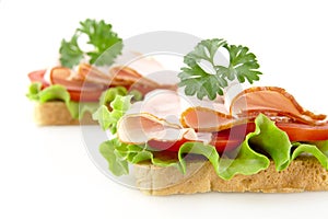 Sandwiches with lettuce,tomato,cold cuts with parsley on white