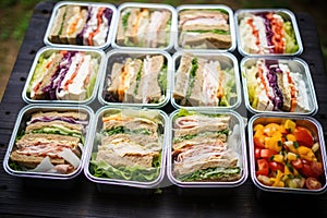 sandwiches lined up in lunchboxes before a hike