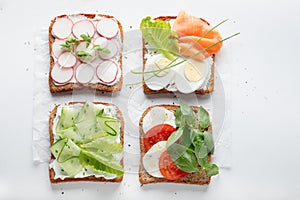 Sandwiches with mascarpone cheese, cucumber, radish, eggs, caprese salad, salmon on a white background