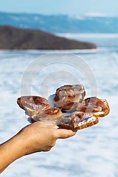 Sandwiches with omul on a white round plate. A plate of sandwiches in hands. Winter Baikal in ice.