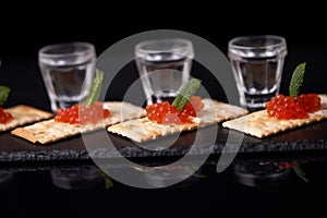 Sandwiches with red caviar with butter and a leaf of mint from cracker with glasses of vodka on a slate plate on a dark background