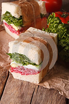 Sandwiches with salami, lettuce and egg wrapped in paper