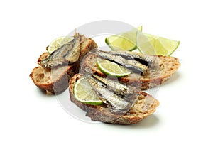 Sandwiches with sprats isolated on white background