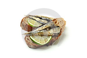 Sandwiches with sprats isolated on white background