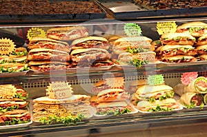 Sandwiches stuffed for sale in the bar in italy with the price