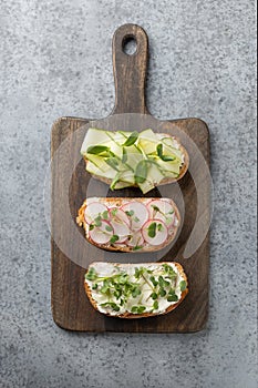 Sandwiches with sun-dried tomatoes, fresh radish microgreens, cream cheese on grey . Top view. Vertical format photo