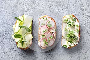 Sandwiches with sundries tomatoes, fresh radish, microgreens, cream cheese on grey background. photo