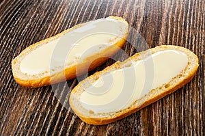 Sandwiches with sweet condensed milk on wooden table