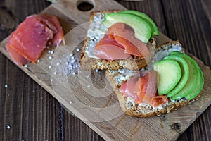 Sandwiches with trout and avocado on a white background. Healthy eating