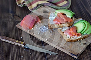 Sandwiches with trout and avocado on a white background. Healthy eating