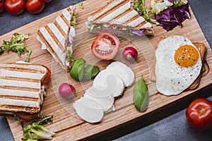 Sandwiches on wooden cutting boards. Club sandwich panini with ham, tomato, cheese, basil, mozzarella, egg, radish and salad. View