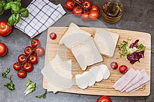 Sandwiches on wooden cutting boards. Club sandwich panini with ham, tomato, cheese, basil, mozzarella, radish and salad. View from