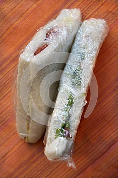 Sandwiches wrapped in transparent film