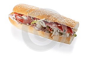 Sandwish with ham and tomatoes isolated on white background