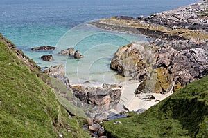 Sandy bay on rocky beach