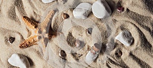 a Sandy beach background with shells and stones. Sand texture for summer with copy space. Macro shot