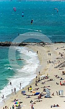 Sandy beach on a Black Sea coast and kiteboarding