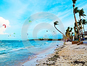 Sandy beach, blue sea, waves and palm trees bendable by flows strong sea wind.