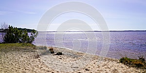 Sandy beach and blue summer sky panoramic coast at Lacanau in medoc Gironde France