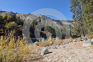 Sandy Beach, Bushes, Rocks, Payette River, Hills, Idaho