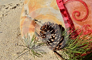 Sandy beach Christmas by the sea natural pine cones red throw