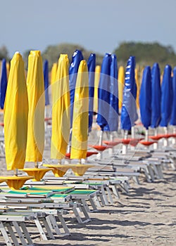 sandy beach with closed yellow and blue umbrellas with no one on