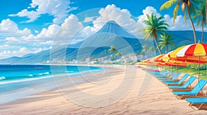 A sandy beach with colorful umbrellas and sun loungers