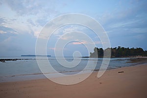 Sandy Beach, Colors in Morning Sky, Coastal Trees and an Island at Distance - Peaceful Landscape - Relaxation and Tranquility