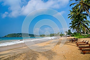 Sandy beach with deckchairs under the coconut trees