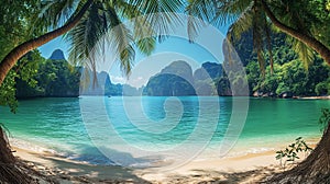 Sandy beach framed by palms with cliffs in the distance