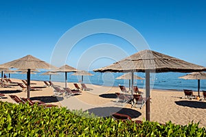 Sandy beach in Fujairah, United Arab Emirates, with thatch umbrellas and sunbeds, sea view and blue sky, no people