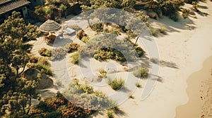 Sandy Beach Garden: A Hyper-realistic Aerial View In Muted Earthy Tones