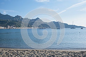 sandy beach in Giardini Naxos near Taormina, Messina, Sicily,