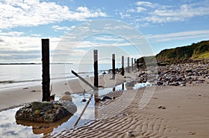 Sandy beach with a line of posts.