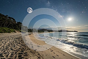Sandy beach with moon at night