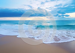 Sandy beach in nasty weather with big waves, stormy sea landscape with copyspace