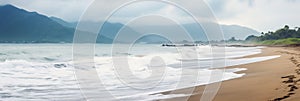 Sandy beach in nasty weather with big waves, stormy sea landscape with copyspace