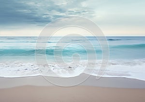 Sandy beach in nasty weather with big waves, stormy sea landscape with copyspace