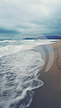 Sandy beach in nasty weather with big waves, stormy sea landscape with copyspace