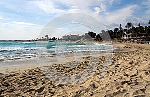 Sandy beach of Nissi Beach, on Cyprus island